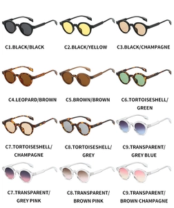Matrix showing twelve vintage round sunglasses in various frame colors and lens tints