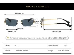 Size guide for rimless sunglasses showing lens height and frame width in cm and inches