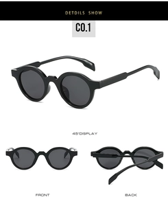 Three-way view of retro round black sunglasses showing front, side, and back details
