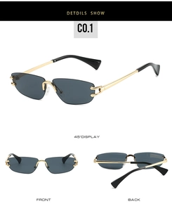 Detail view of rimless geometric sunglasses with gold metal C-shaped temple accents