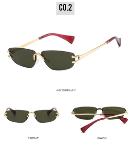 Detailed multi-angle views of rimless green lenses sunglasses with gold metal temples