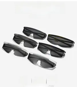 Futuristic oversized one-piece shield sunglasses in various colors with metallic hinges