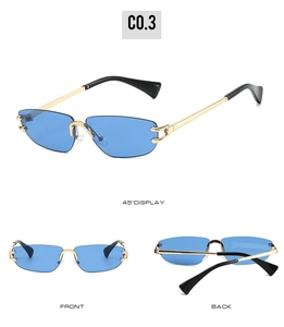 Three-angle display of rimless blue lens sunglasses with golden metal frames and black tips