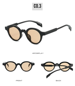 Detail view of round vintage sunglasses with black frames and tinted lenses from multiple angles