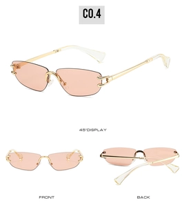 Detailed 45-degree, front, and back views of pink rimless Y2K fashion sunglasses