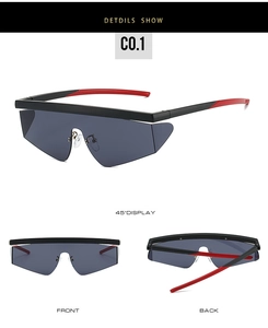 Three perspectives of futuristic oversized outdoor sunglasses with red and black frame
