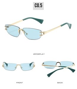 Three-angle view of rimless sunglasses with light blue lenses and gold metal temples