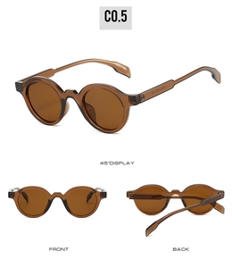Three-angle view of vintage round tea-tinted sunglasses with industrial frame design