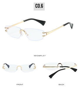 Detailed views showing gold metal frame and black temples of rimless square sunglasses