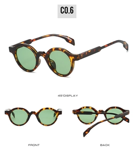 Three views of retro round sunglasses with tortoise frames and green lenses, color C0.6