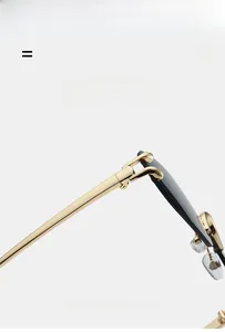 Detail of lightweight golden metal temples and soft silicone nose pads on rimless sunglasses