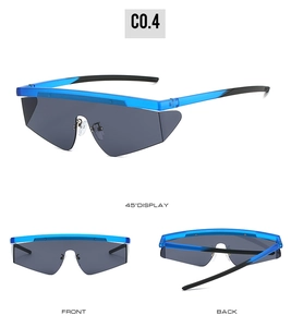Three-way view of blue futuristic sports sunglasses with oversized dark gray shield lens