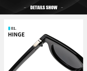 Detail view of reinforced metal hinge on black square vintage style sunglasses