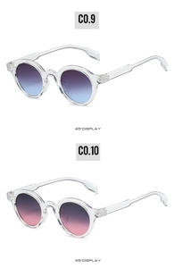Detail of round sunglasses with transparent frames and blue pink gradient lenses