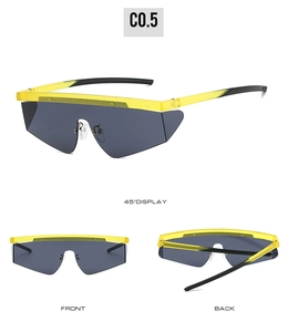 Three-angle view of futuristic gradient yellow and black wrap-around sport sunglasses