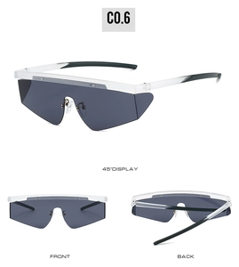 Three-way view of futuristic oversized shield sunglasses with grey lenses and gradient arms