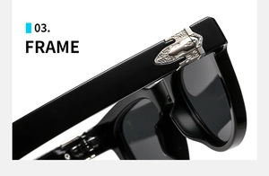 Detailed close-up of retro silver engraved metal hinge on square black sunglasses frame