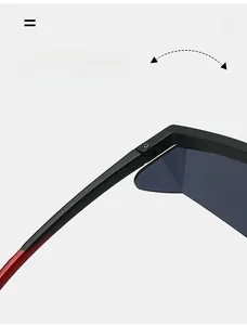Detail of durable metal hinge on black matte outdoor sunglasses with red accents