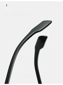 Detail view of glossy black curved temples for comfortable ergonomic eyewear fit
