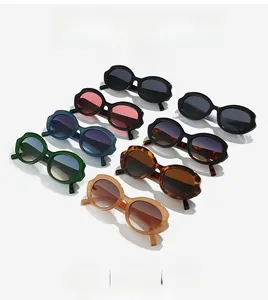 Multiple colorful thick round frame sunglasses in matrix layout with polished finish