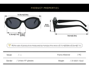 Detailed size specifications for futuristic wrap-around unisex PC sunglasses with dimensions