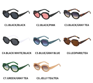 Matrix layout of eight colorful futuristic cat-eye sunglasses in various trendy frame shades
