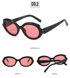 Three-view display of futuristic sunglasses with thick black frames and red lenses