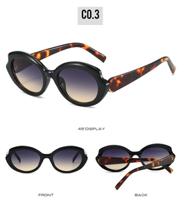 Three views of futuristic sunglasses with black frames and tortoise shell temples
