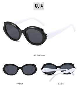 Three-angle view of futuristic sunglasses with black oval frames and white temples