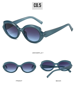 Futuristic wrap-around cat-eye sunglasses in blue with gradient lenses shown in 3 angles