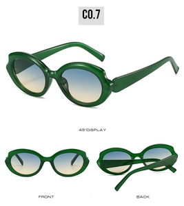 Detailed views of futuristic cat-eye sunglasses with green frames and gradient lenses