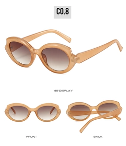 Detailed views of champagne translucent oval sunglasses with gradient brown lenses