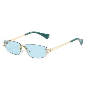Frameless mini sunglasses with light blue lenses and polished golden metal frames