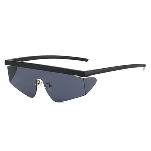 Futuristic shield sunglasses with matte black frame and geometric dark grey lenses