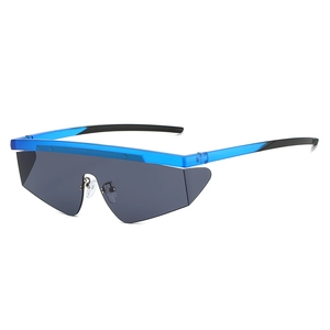 Men futuristic wrap around sunglasses with blue translucent frame and grey shield lenses