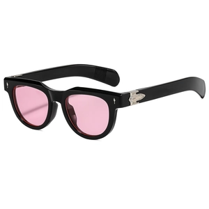 Fashion square sunglasses with heavy black frames and transparent pink lenses in 45-degree view