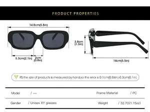 Size chart showing front and side dimensions for minimalist rectangular sunglasses