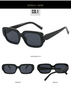 Three-way view of minimalist black wide frame sunglasses with dark grey lenses and 45° angle