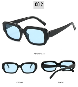 Three perspectives of retro thick square frame sunglasses with light blue lenses