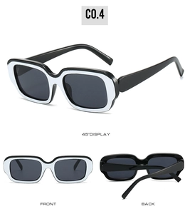 Three-view display of black and white rectangle sunglasses with dark gray lenses