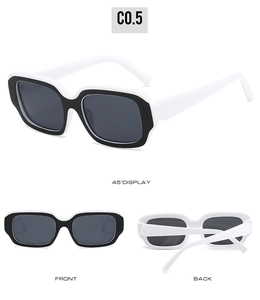 Three-view display of retro square sunglasses in contrasting black and white frames