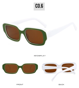 Detail view of rectangular sunglasses in white and green color contrast multi-angle display