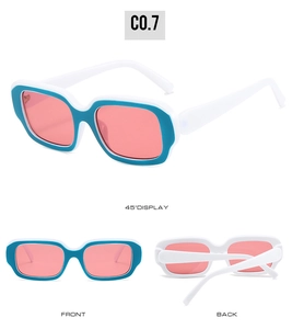 Three-angle view of white and blue rectangular sunglasses with soft pink lenses