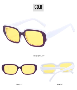 Three perspectives of retro square sunglasses with white frames and yellow lenses
