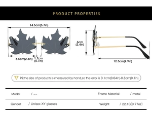 Detailed dimension guide for rimless maple leaf sunglasses with gold metal temples