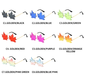 Detailed grid showing eight color variations of rimless maple leaf shaped sunglasses