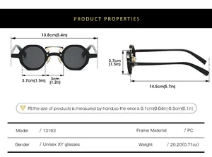 Detailed size guide for retro small round frame sunglasses with frame and lens measurements