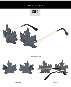 Three views of rimless maple leaf sunglasses with grey lenses and gold metal frames