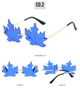 Three-view layout of rimless maple leaf sunglasses with blue lenses and gold metal temples