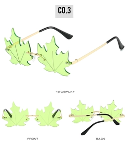 Detailed multi-angle views of rimless green maple leaf sunglasses with gold metal frame